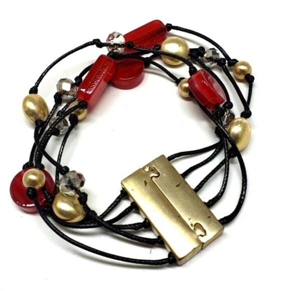 Women's Layered Black cord, Gold tone, Red & Clear Beads Bracelet, magnetic lock - Picture 3 of 10
